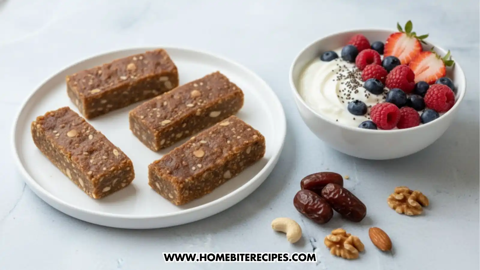 Close-up image of soft, chewy and Easy No Bake Date Bars made with nuts and only five ingredients, served on a white circle plate with a bowl of creamy Greek yogurt topped with fresh berries for energic breakfast