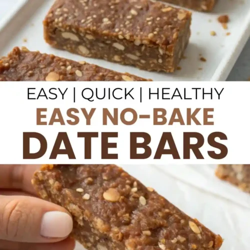Close-up image of soft, chewy no-bake date bars made with nuts and only five ingredients, displayed on parchment and a serving tray, showcasing their dense and healthy texture.