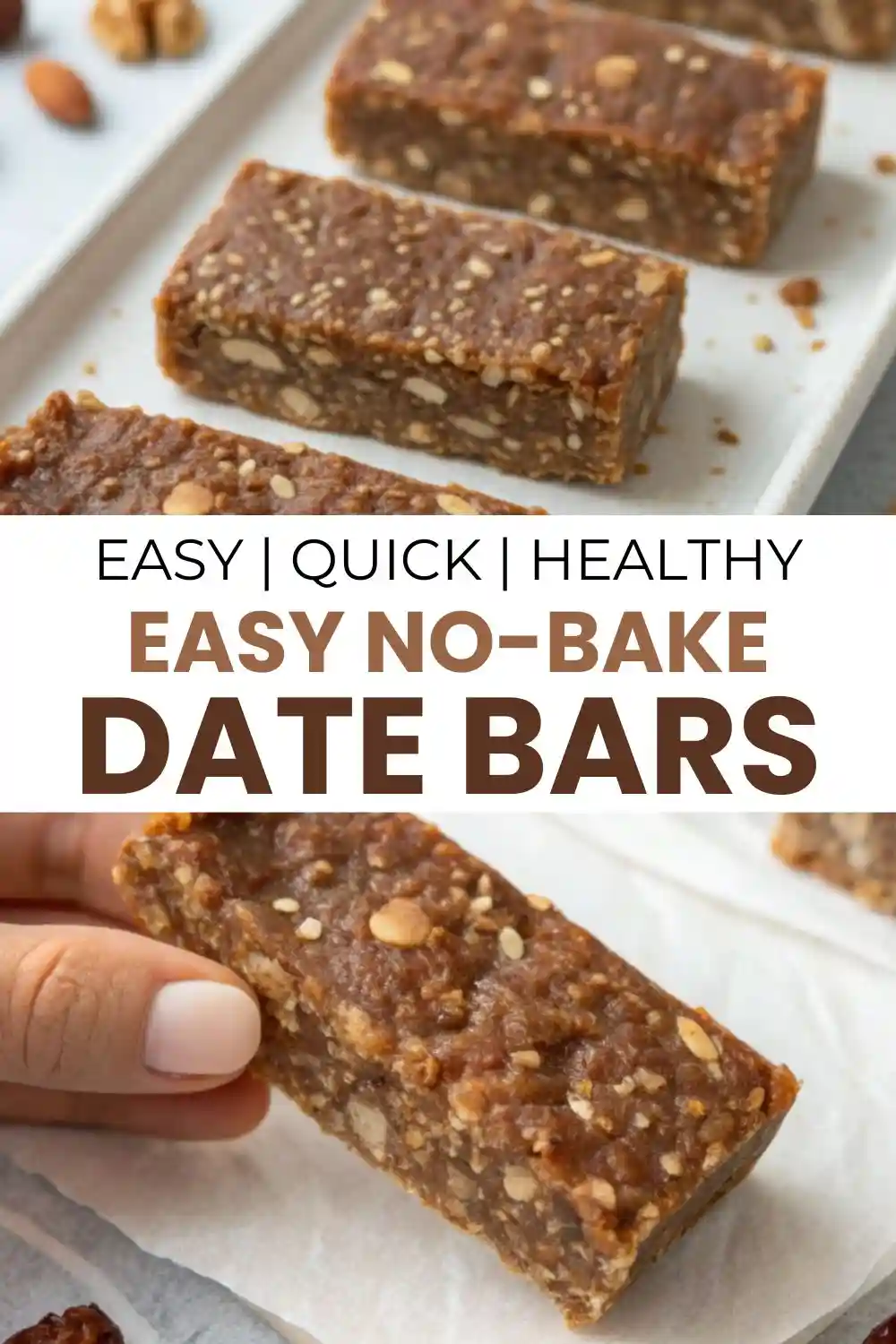Close-up image of soft, chewy no-bake date bars made with nuts and only five ingredients, displayed on parchment and a serving tray, showcasing their dense and healthy texture.