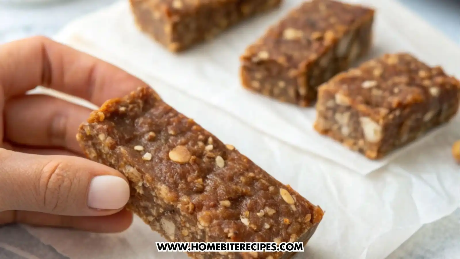 Close-up image of soft, chewy no-bake date bars made with nuts and only five ingredients, displayed on parchment and a serving tray, showcasing their dense and healthy texture.
