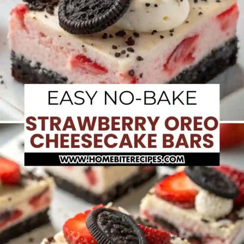 Nobake strawberry Oreo cheesecake bars with a dark cookie crust, creamy cheesecake filling, fresh strawberries, and Oreo topping.