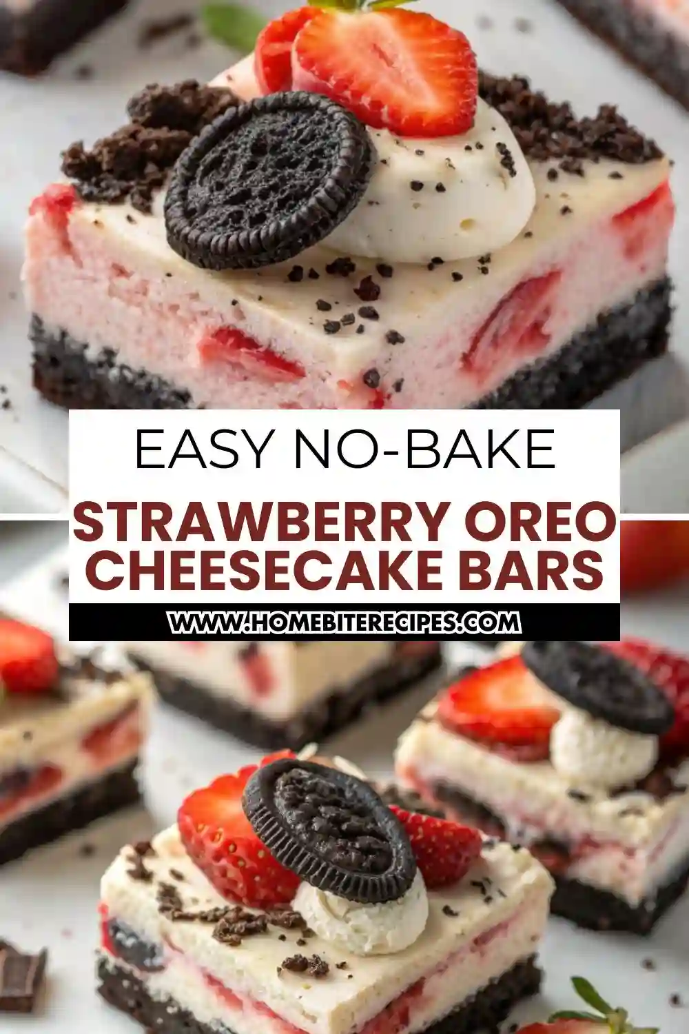 Nobake strawberry Oreo cheesecake bars with a dark cookie crust, creamy cheesecake filling, fresh strawberries, and Oreo topping.