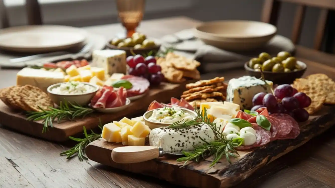 Two rustic wooden charcuterie boards arranged on a dark wooden table, featuring an elegant assortment of cheeses, cured meats, and snacks. The boards include cubes of cheddar, wedges of blue cheese, a herb-crusted goat cheese log, and small bowls of creamy dip. They are garnished with folds of prosciutto, slices of salami, red grapes, green olives, assorted crackers, and fresh sprigs of rosemary.