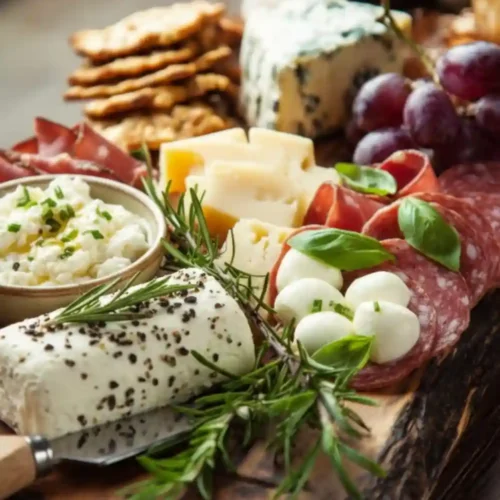 Elegant cheese and charcuterie board with assorted cheeses, salami, crackers, olives, grapes, mozzarella balls, fresh herbs, and rustic wooden serving board.