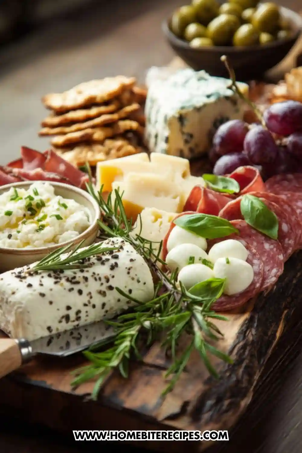 Elegant cheese and charcuterie board with assorted cheeses, salami, crackers, olives, grapes, mozzarella balls, fresh herbs, and rustic wooden serving board.
