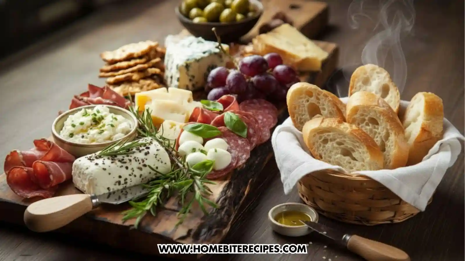 A close-up shot of an abundant charcuterie board featuring a herb-crusted goat cheese log, mozzarella pearls, folded salami, and prosciutto. Beside the board sits a woven basket filled with sliced baguette, with steam rising from the fresh bread. The arrangement is completed with red grapes, crackers, a wedge of blue cheese, and a small dish of olive oil on a dark, rustic tabletop.