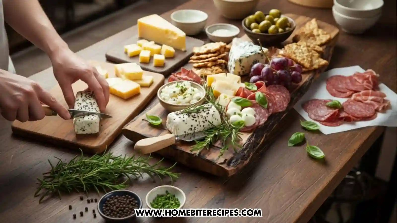 A person’s hands use a small knife to slice a herb-crusted goat cheese log on a wooden cutting board, positioned next to a large, fully assembled charcuterie spread. The main live-edge wooden board features an abundant variety of appetizers, including wedges of blue cheese, cubes of cheddar, piles of sliced salami and prosciutto, red grapes, green olives, and various crackers. Fresh rosemary sprigs and basil leaves are used as garnishes, while small bowls of peppercorns and chopped herbs sit on the dark wooden table nearby.