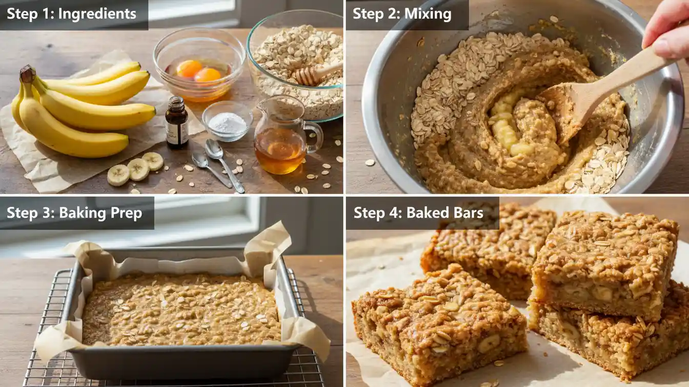 A four-panel image detailing the process of making wholesome Banana Oatmeal Bars, from gathering ingredients to the final baked product.