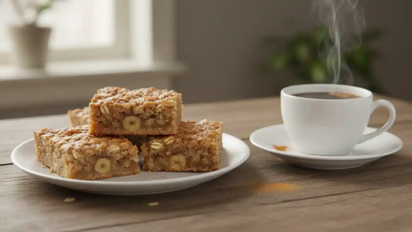 Four square Banana Oatmeal Bars on a white plate next to a steaming cup of coffee on a wooden table.