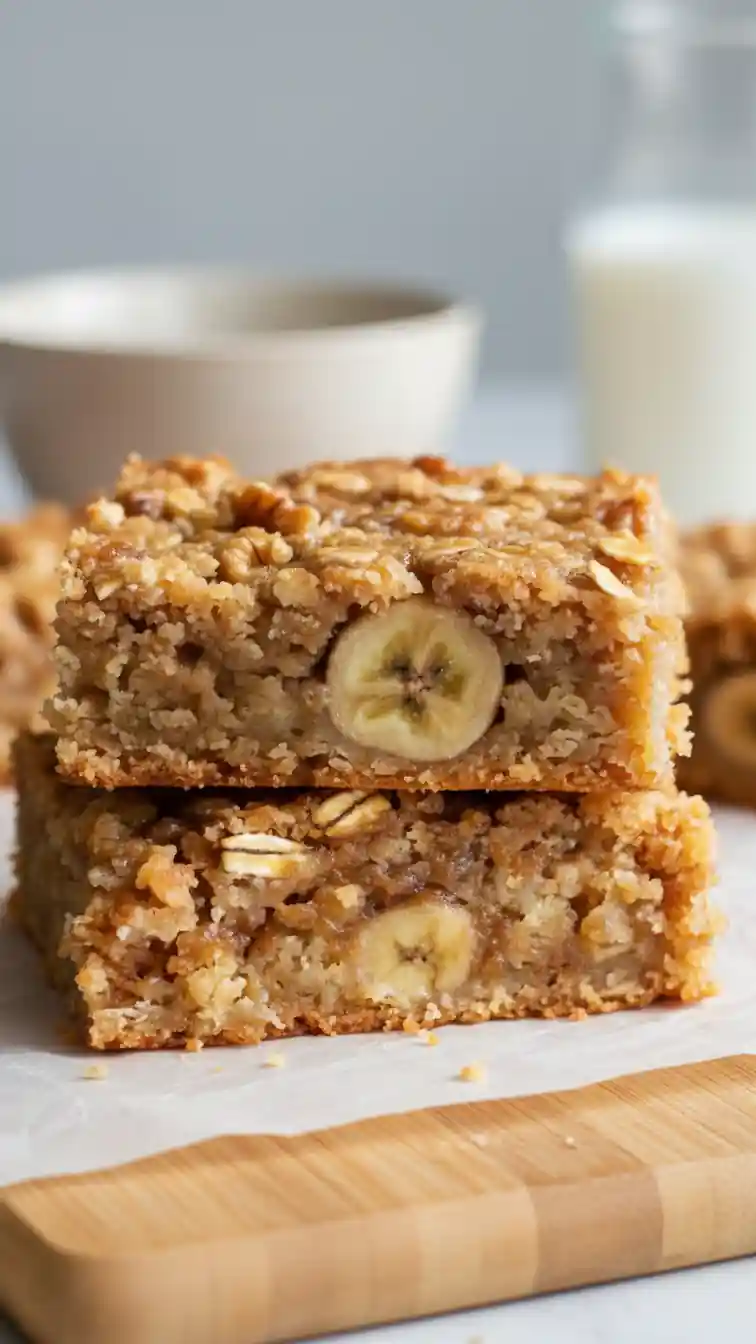 A stack of two moist Banana Oatmeal Bars on a cutting board, clearly showing a slice of banana baked into the center of each bar.