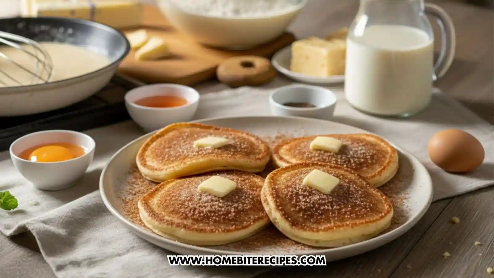 kitchen scene showing the preparation of homemade fluffy pancakes with four Fluffy Spanish Churro Pancakes on a white plate