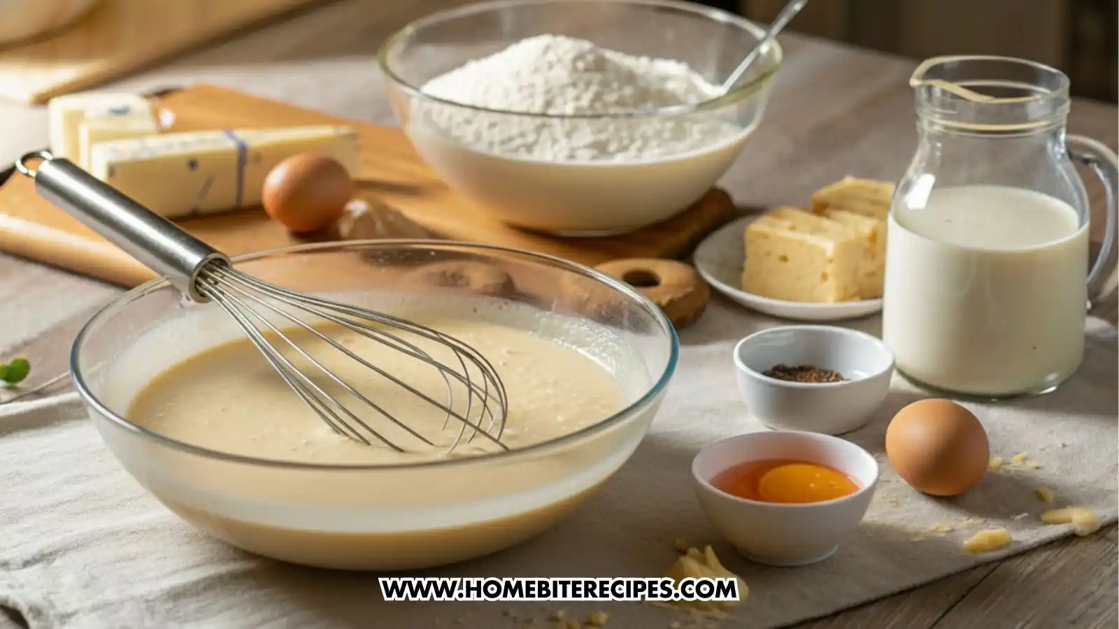 A mixing bowl filled with smooth pancake batter, a whisk partially dipped in the batter, measuring cups with flour, sugar, and baking powder, a cracked egg, a jug of milk, and melted butter on the side.