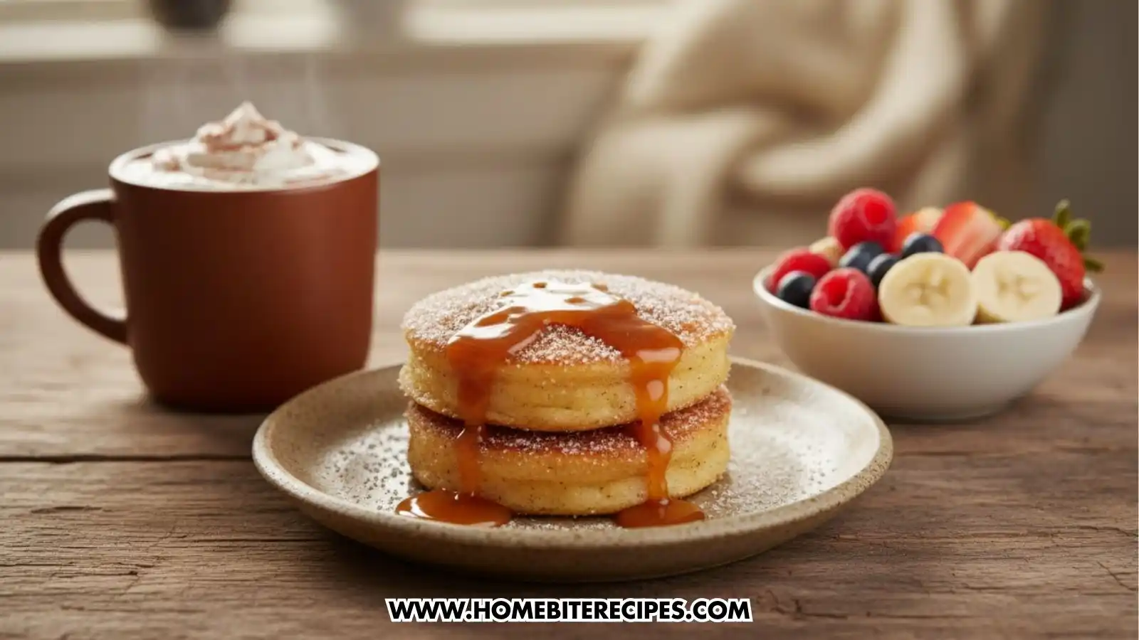 Fluffy Spanish Churro Pancakes served with a mug of hot chocolate and a bowl of berries and slices of banana