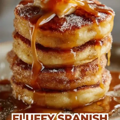 A stack of fluffy churro-inspired pancakes coated in cinnamon sugar and drizzled with syrup, creating a warm and indulgent breakfast dish.