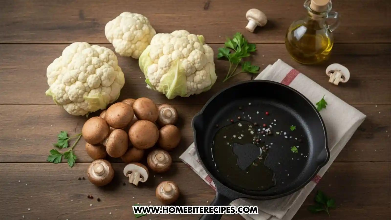 Overhead shot of raw ingredients including two heads of white cauliflower, a pile of brown cremini mushrooms, a bottle of olive oil, fresh parsley, and a cast-iron skillet.