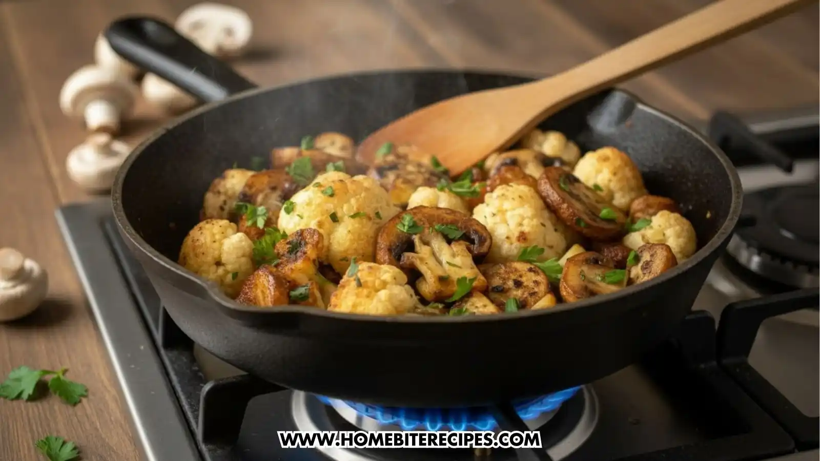 A close-up of cauliflower and mushrooms being sautéed in a black cast-iron skillet on a gas stove with a wooden spatula.