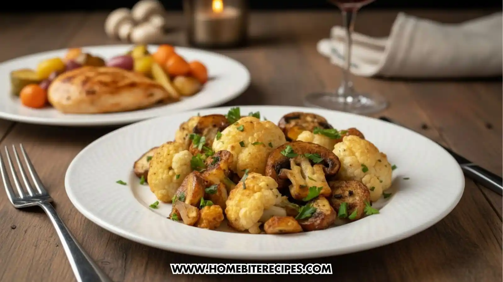 A plated serving of golden-brown roasted cauliflower florets and sliced cremini mushrooms garnished with fresh parsley, served alongside a grilled chicken breast and roasted vegetables.