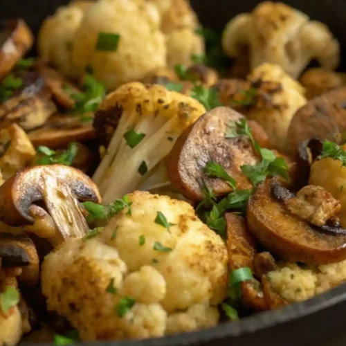 Garlic roasted cauliflower and mushrooms cooked in a skillet, golden brown and seasoned, garnished with fresh parsley.