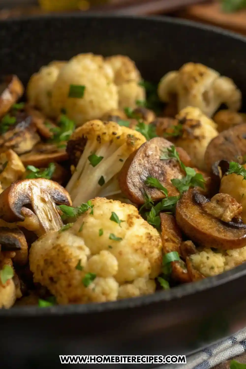 Garlic roasted cauliflower and mushrooms cooked in a skillet, golden brown and seasoned, garnished with fresh parsley.