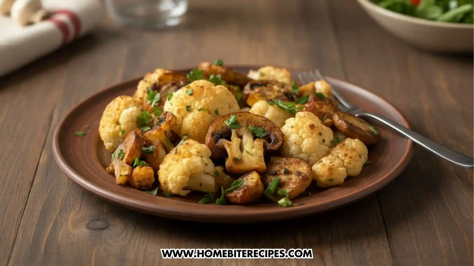 A close-up shot of a ceramic plate filled with savory roasted cauliflower and mushrooms, highlighting the charred edges and fresh green herb garnish.