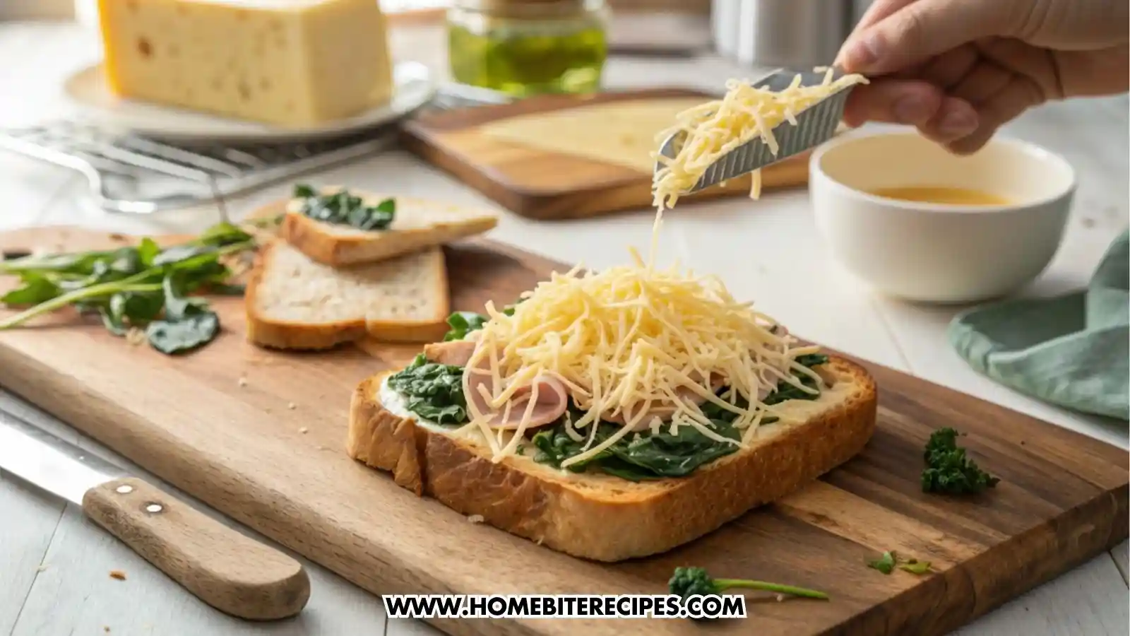 A thick slice of golden pan-toasted bread sits on a wooden board, topped with a warm layer of sautéed spinach and thin slices of smoked turkey and chredded cheese