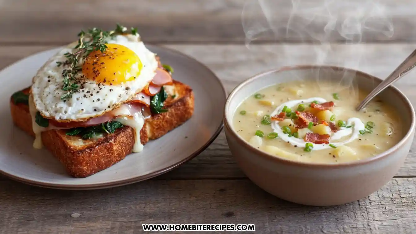 Close-up of a gourmet Crispy Breakfast Toast with warm bowl of potato soup