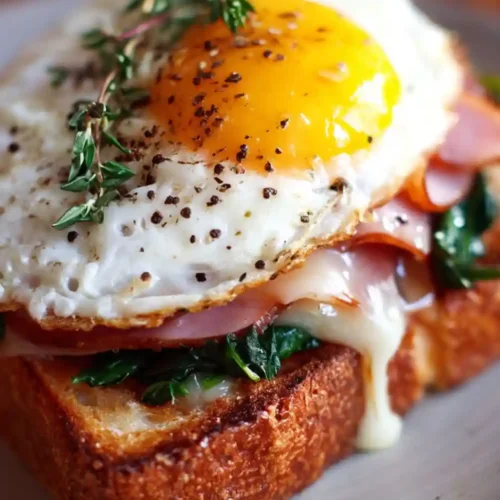 Close-up of a gourmet breakfast toast topped with sautéed spinach, ham, melted cheese, and a sunny-side-up egg with cracked pepper and fresh thyme on crispy golden bread.
