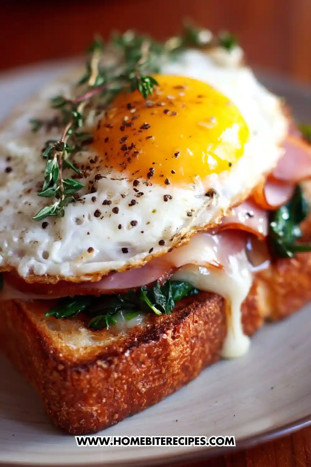 Close-up of a gourmet breakfast toast topped with sautéed spinach, ham, melted cheese, and a sunny-side-up egg with cracked pepper and fresh thyme on crispy golden bread.