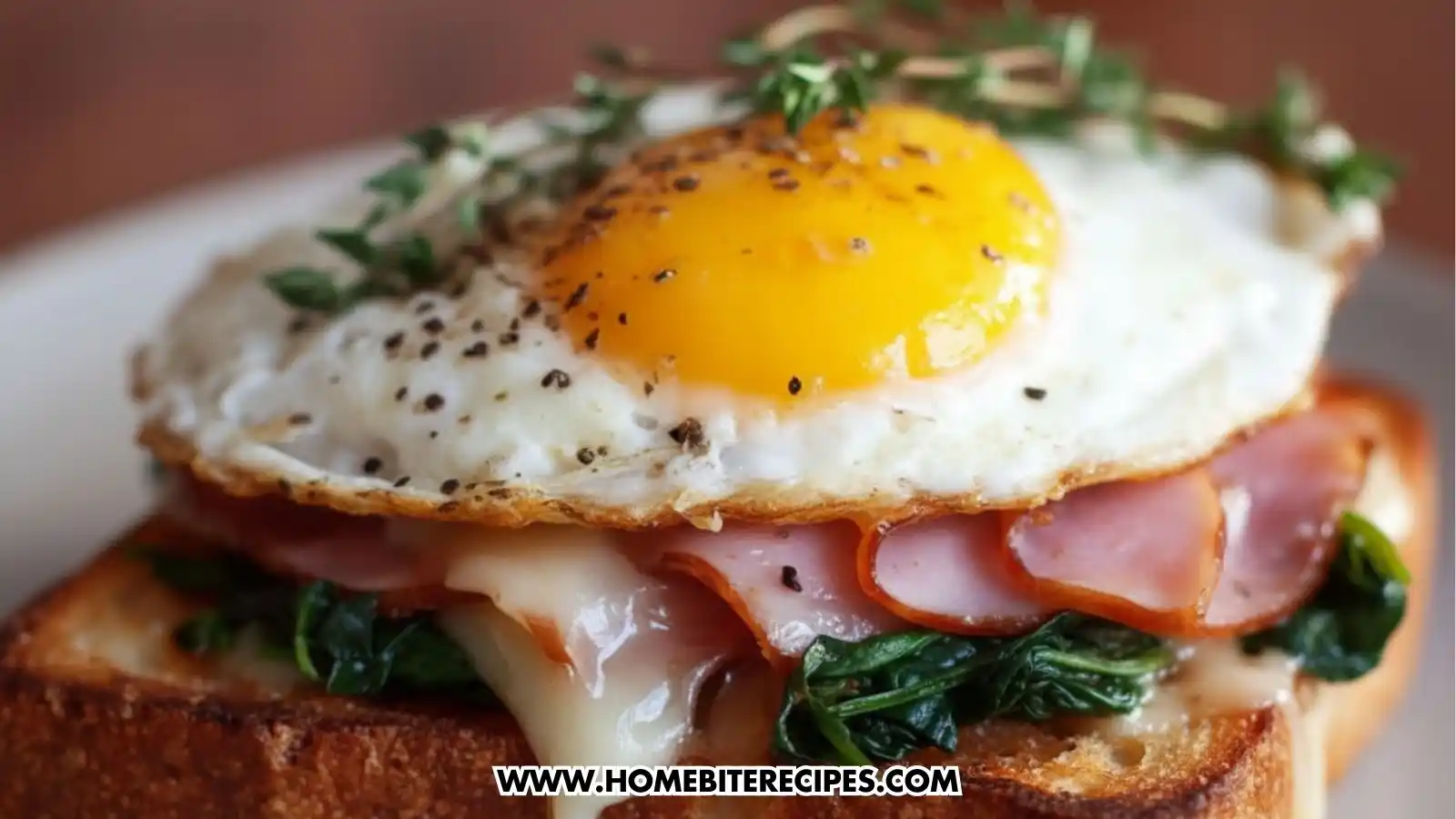 Close-up of a gourmet breakfast toast topped with sautéed spinach, ham, melted cheese, and a sunny-side-up egg with cracked pepper and fresh thyme on crispy golden bread.
