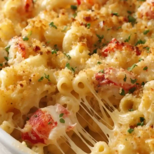 Close-up of creamy lobster mac and cheese in a white baking dish, topped with golden crispy breadcrumbs, fresh parsley, and stretchy melted cheese.