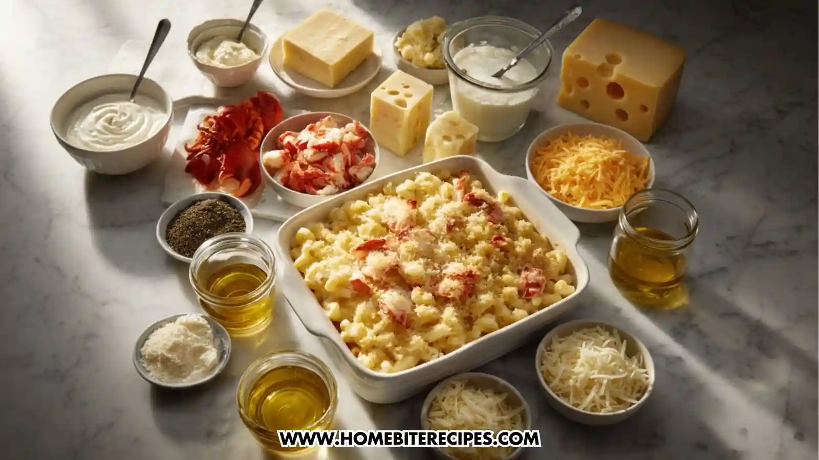 A luxurious gourmet kitchen scene featuring a freshly baked Lobster Truffle Mac and Cheese. A large white ceramic baking dish is filled with creamy elbow pasta coated in a rich blend of cheddar, Gruyère, and Parmesan, topped with a golden crispy panko breadcrumb crust. Beside it, a small bowl contains chopped cooked lobster meat, another small dish holds truffle oil, and surrounding ingredients include blocks of cheddar and Gruyère, grated Parmesan, butter, flour, milk, and cream.
