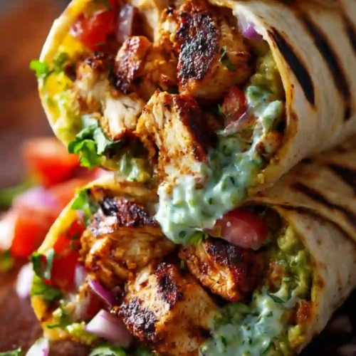 Grilled chicken wrap filled with seasoned chicken, guacamole, fresh vegetables, and creamy cilantro sauce in a toasted tortilla.