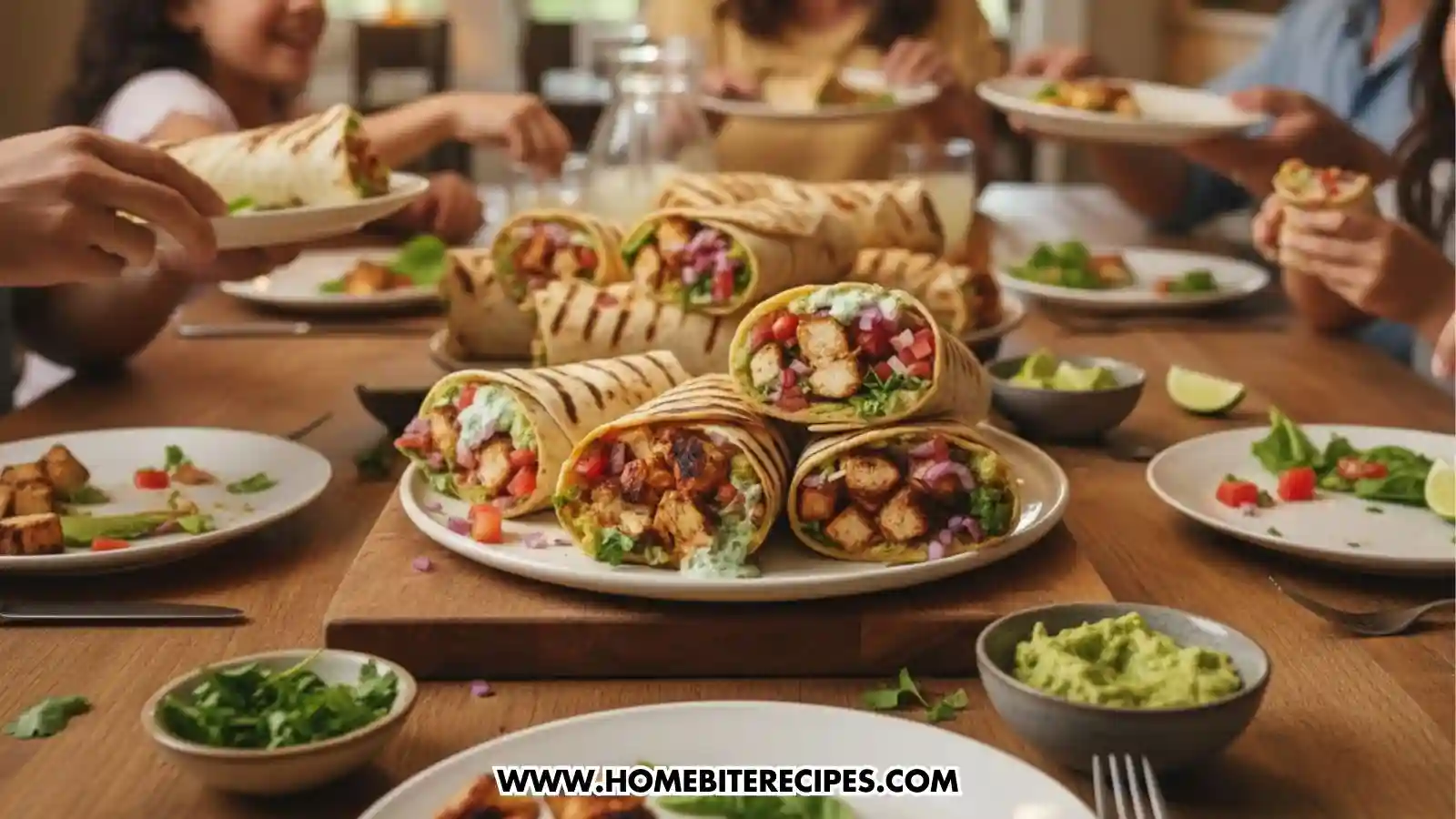 A large platter of grilled chicken wraps is stacked in the center of a wooden dining table during a family gathering, with people reaching for plates and various small bowls of guacamole, lime, and cilantro scattered around.