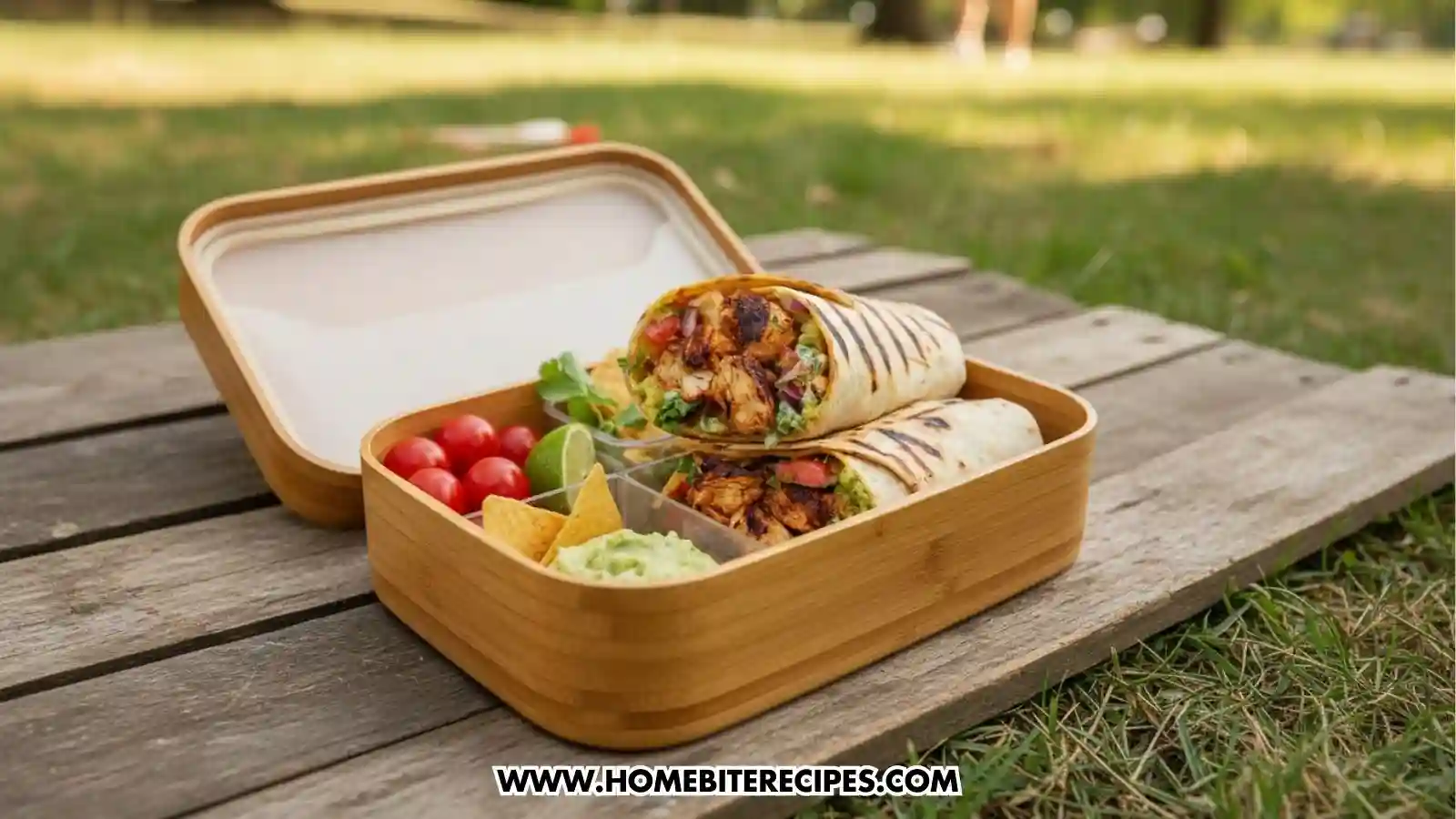 A bamboo bento box is packed for an outdoor meal on a wooden surface, containing two grilled chicken wraps sliced in half to show the filling, accompanied by cherry tomatoes, a lime wedge, tortilla chips, and a side of guacamole.