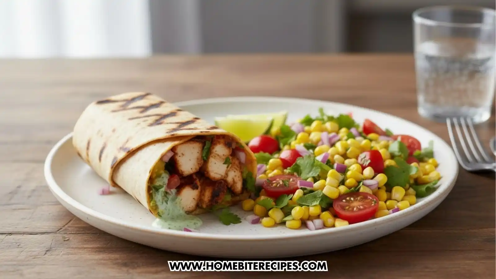 Grilled chicken wrap filled with seasoned chicken, guacamole, fresh vegetables, and creamy cilantro sauce in a toasted tortilla, served alongside corn and tomato salad with olive and lemon dressing