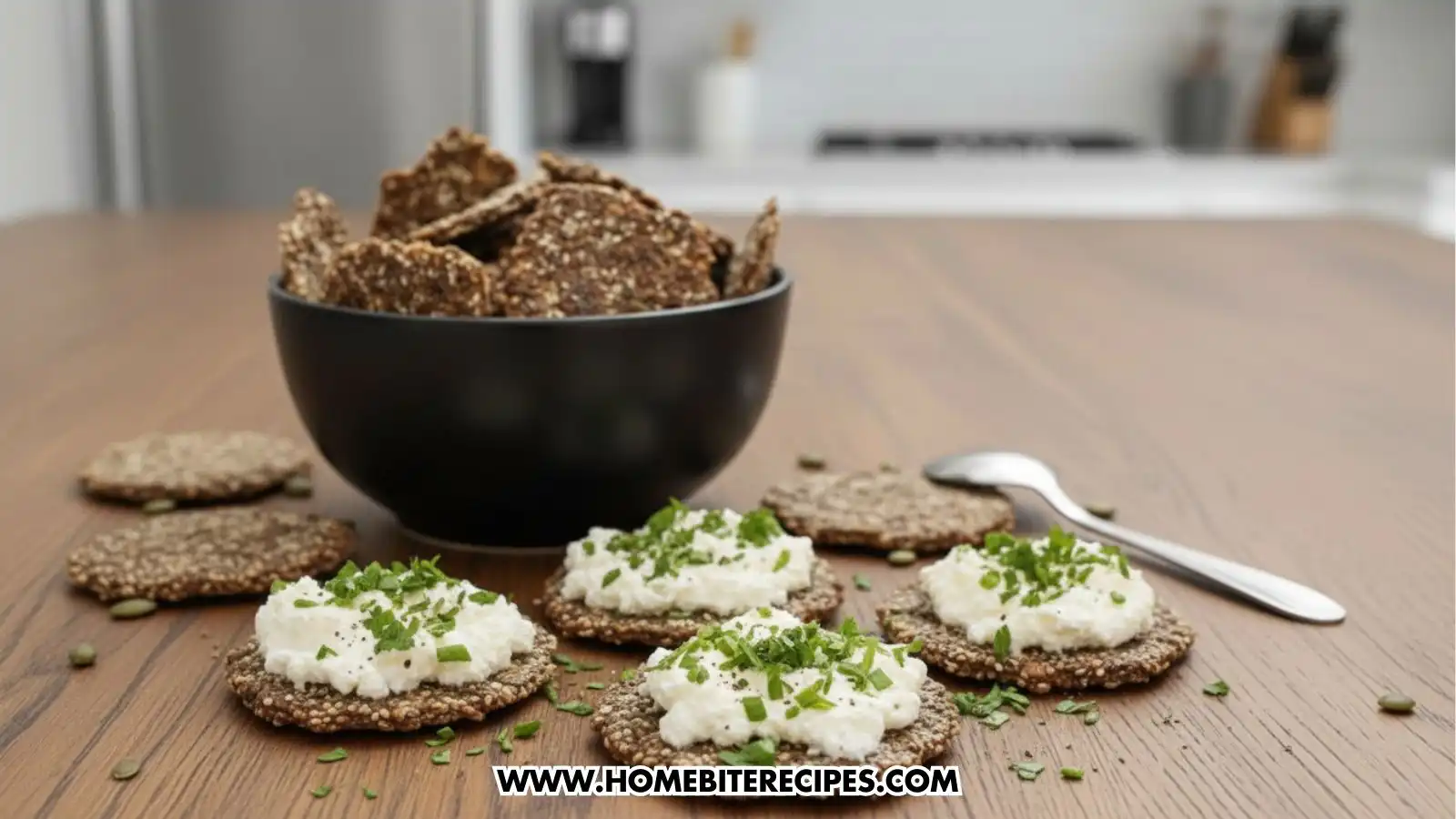 A close-up shot of Healthy Chia Flax Seed Crackers served on a wooden table. A black bowl in the background is filled with crackers, while four crackers in the foreground are topped with a creamy white spread, freshly cracked black pepper, and chopped chives. A small silver spoon and scattered seeds are visible nearby.