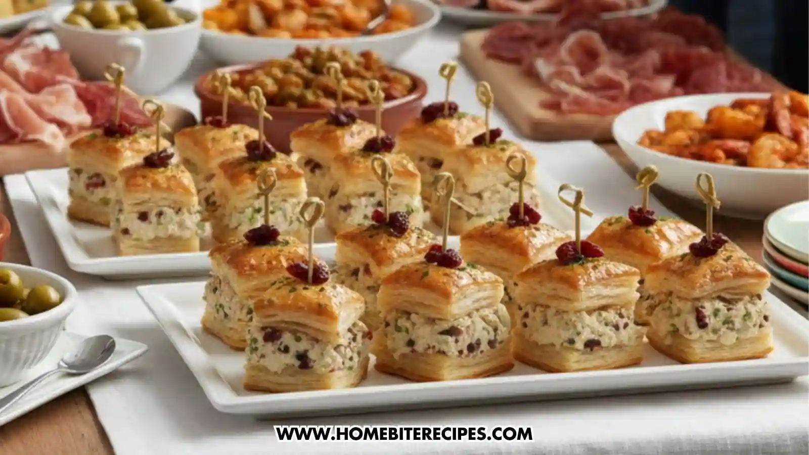 Close-up of healthy chicken puff pastry bites filled with creamy chicken salad, topped with herbs and cranberries, served as a bite-sized party appetizer