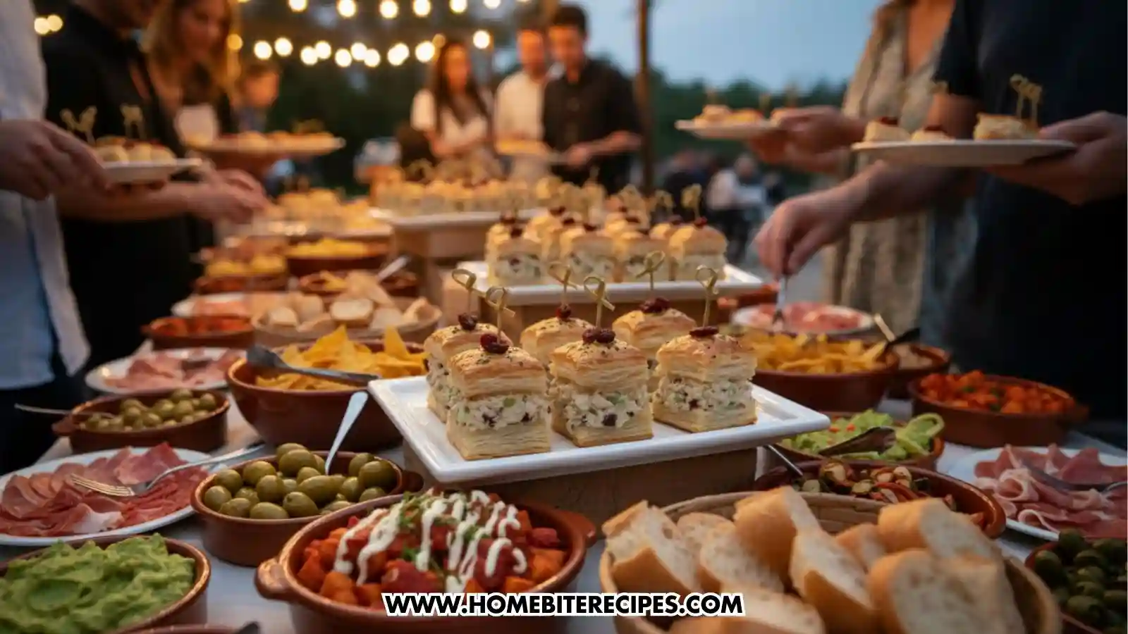 Close-up of healthy chicken puff pastry bites filled with creamy chicken salad, topped with herbs and cranberries, served as a bite-sized party appetizer