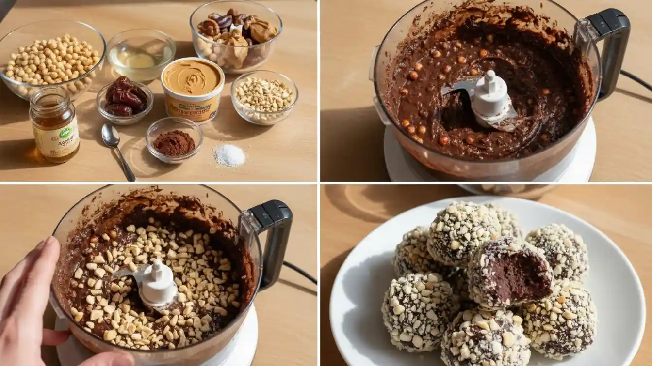 A four-panel instructional guide showing the simple process of making protein-rich Chocolate Chickpea Truffles coated in peanuts.