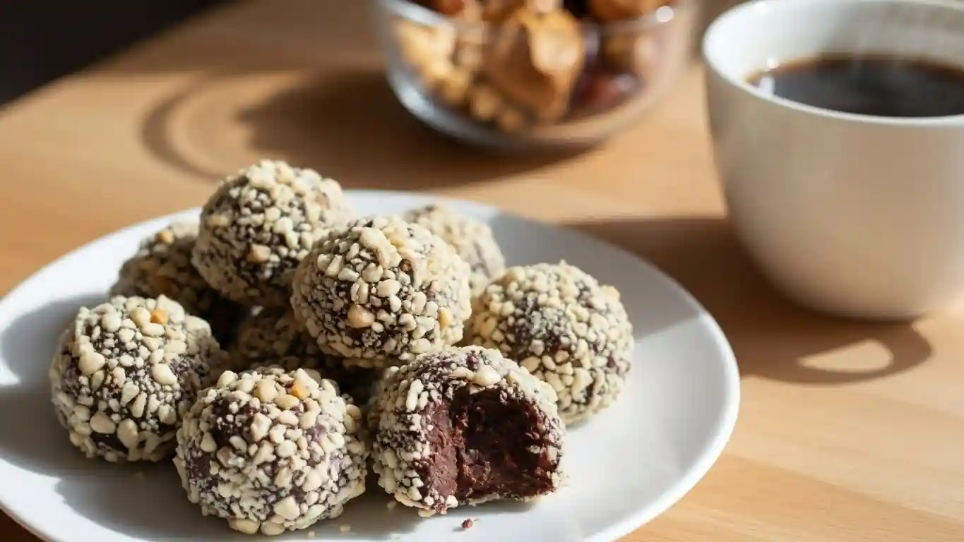 A plate of peanut-crusted Chocolate Chickpea Truffles next to a cup of black coffee on a wooden table.