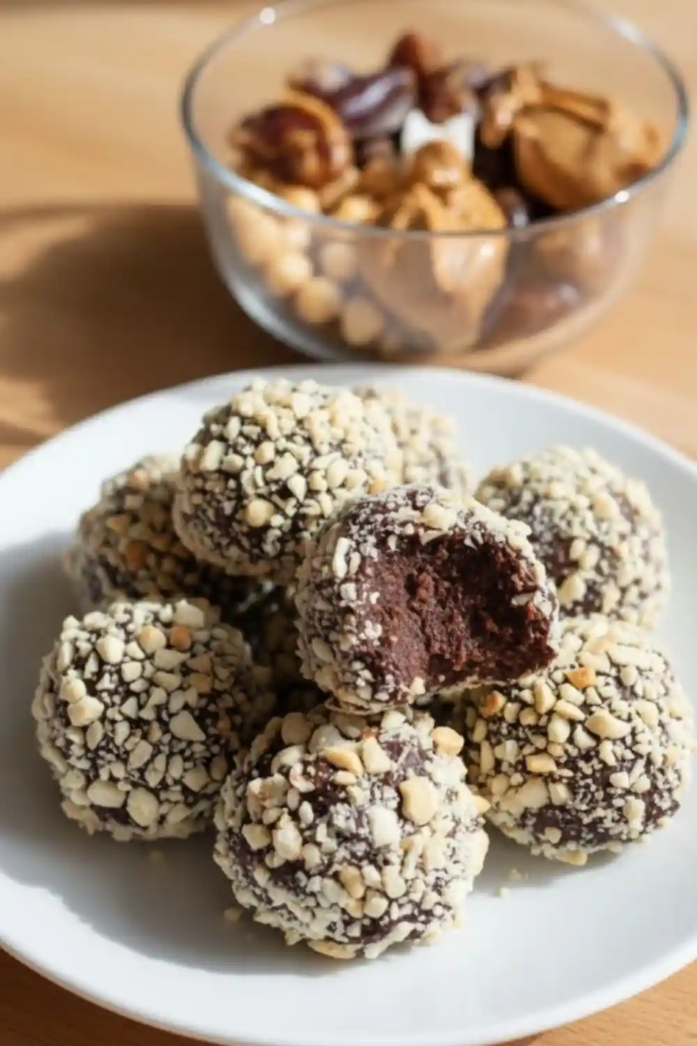 A stack of six healthy Chocolate Chickpea Truffles rolled in chopped peanuts, with one truffle having a bite taken out to show the rich, dark center.