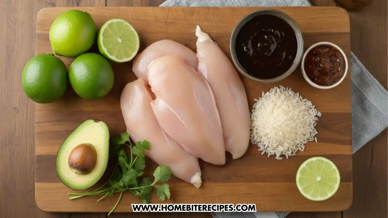A top-down view of raw ingredients for Cilantro Lime Chicken arranged on a wooden cutting board. The layout includes four raw chicken breasts, several whole and halved limes, a fresh avocado cut in half, a small pile of white rice, a bunch of fresh cilantro, and two small bowls containing dark marinades or sauces.