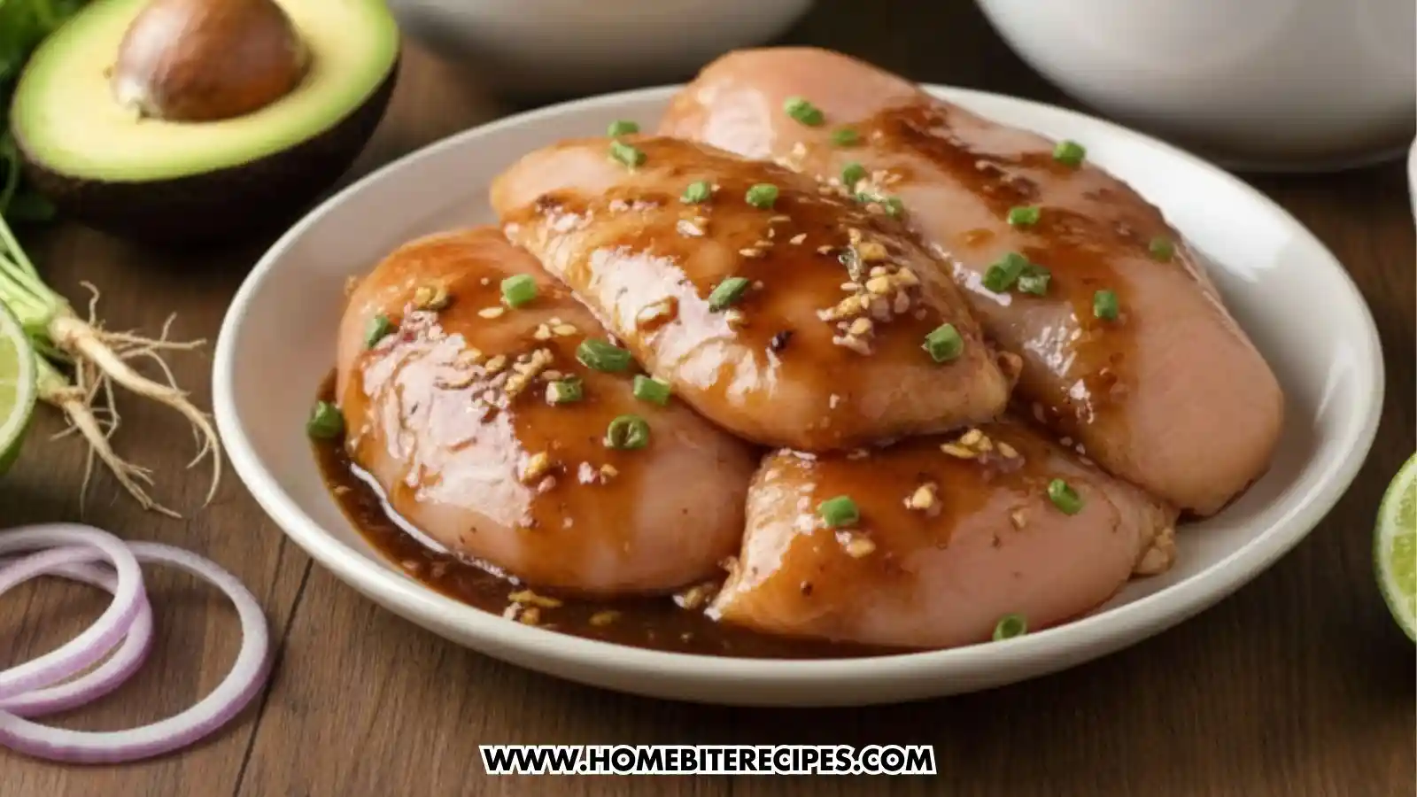 Four raw chicken breasts resting in a white bowl, coated in a dark, glossy marinade. The chicken is topped with minced garlic and chopped green onions. In the background, a halved avocado, fresh cilantro, and red onion rings are visible on a wooden surface.
