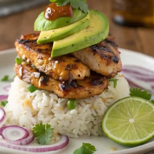 Grilled cilantro lime chicken served over jasmine rice and topped with fresh avocado slices, garnished with lime and cilantro.