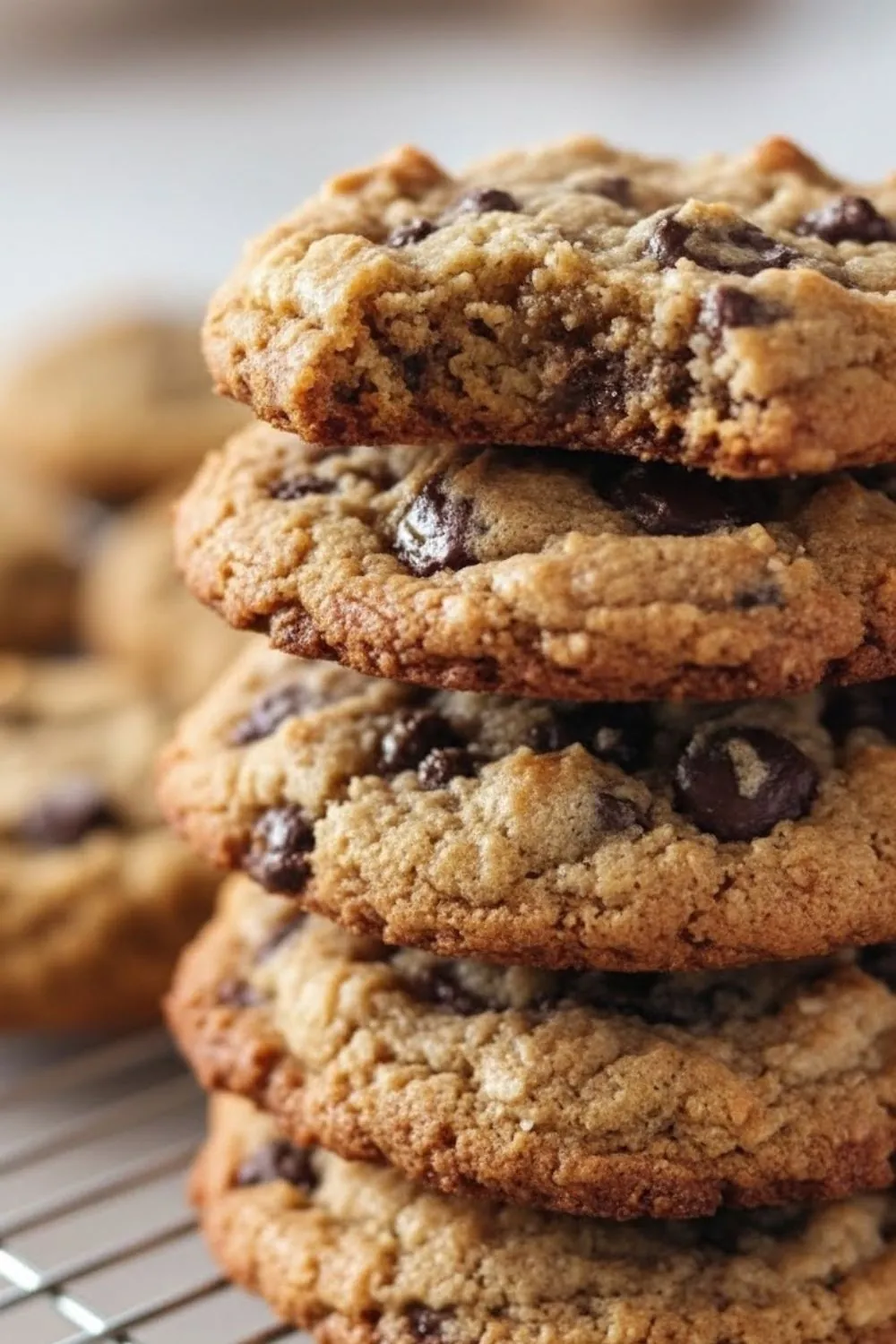 A stack of thick, chewy Healthy Cookies Without Sugar loaded with dark chocolate chips 