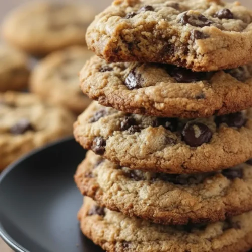 A stack of thick, chewy Healthy Cookies Without Sugar loaded with dark chocolate chips on a black plate.