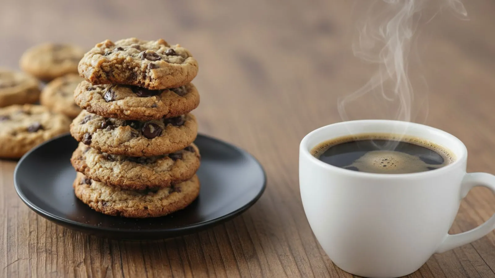 A stack of thick, chewy Healthy Cookies Without Sugar loaded with dark chocolate chips on a black plate with cup of coffee
