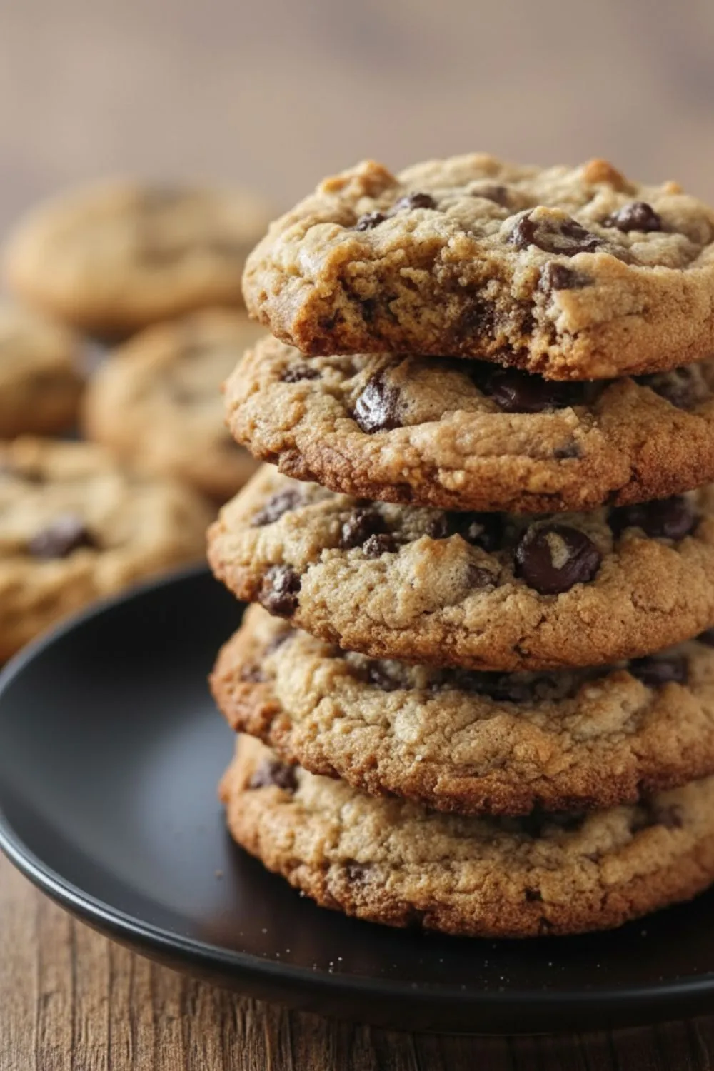 A stack of thick, chewy Healthy Cookies Without Sugar loaded with dark chocolate chips on a black plate.