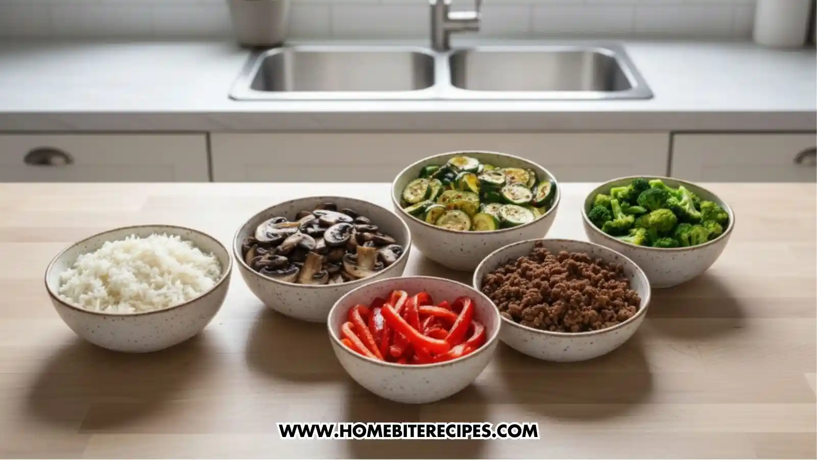 Bowls of cooked white rice, browned seasoned ground beef, sautéed mushrooms, sliced zucchini, bright broccoli florets, sliced red bell peppers, in a beautiful kitchen