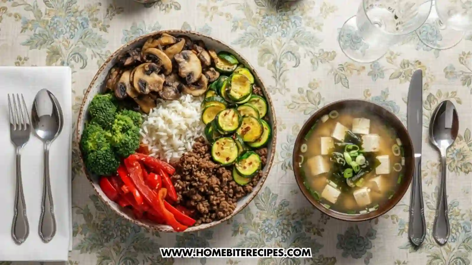 Healthy Ground Beef Veggie Rice Bowl served with a warm, comforting bowl of miso soup
